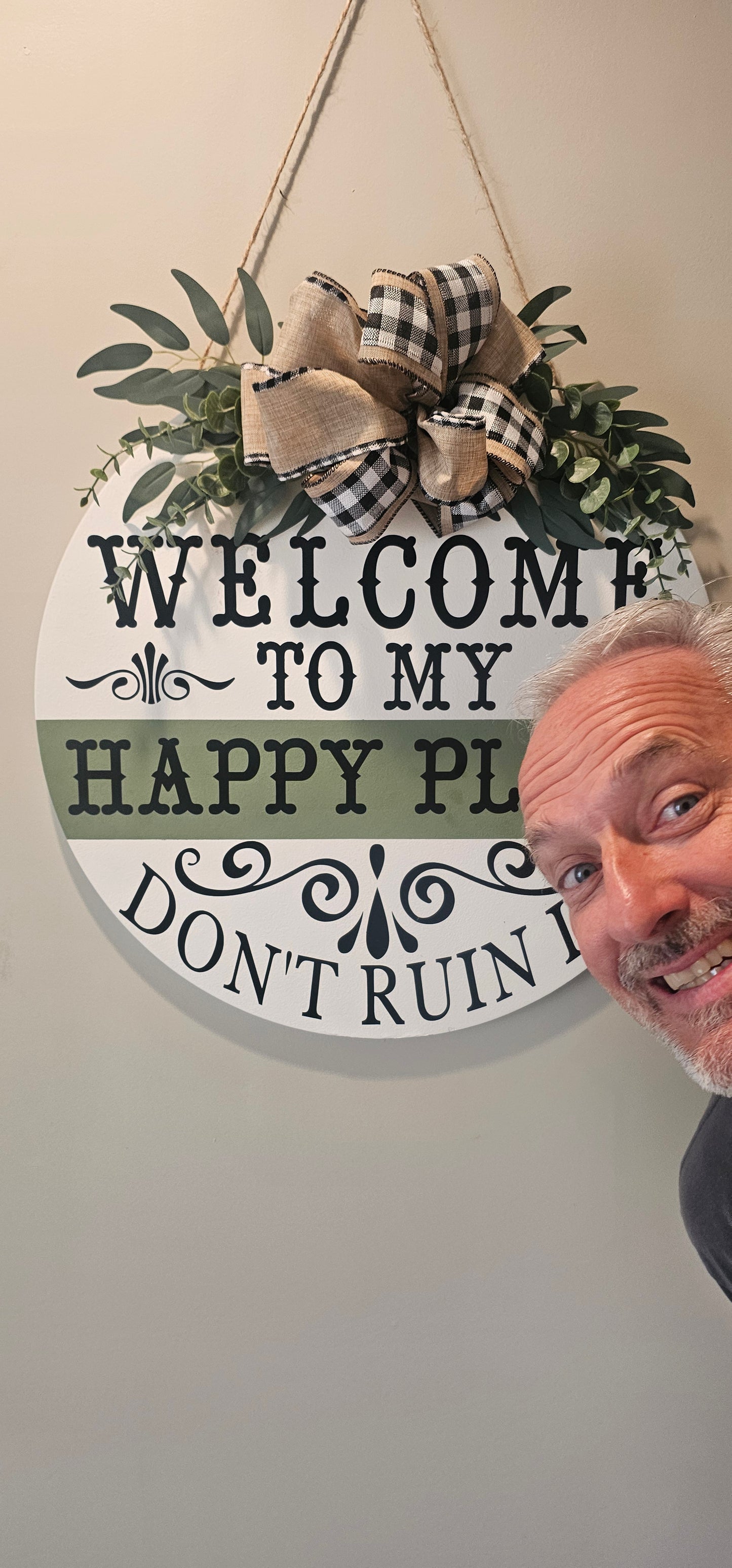 Welcome To My Happy Place Sign – Handmade Farmhouse Front Door Decor, 20"