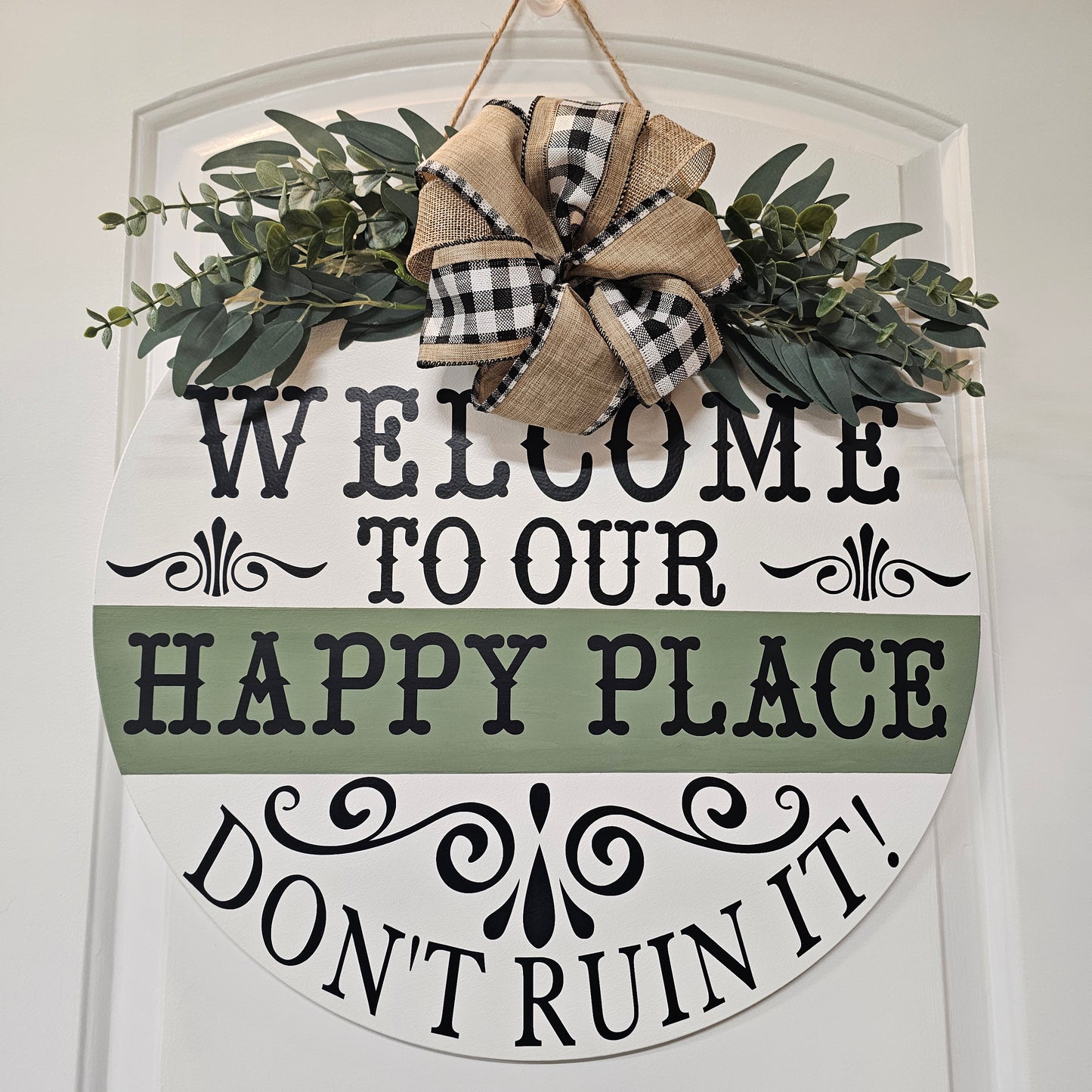 Welcome To My Happy Place Sign – Handmade Farmhouse Front Door Decor, 20"
