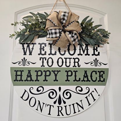 Welcome To My Happy Place Sign – Handmade Farmhouse Front Door Decor, 20"