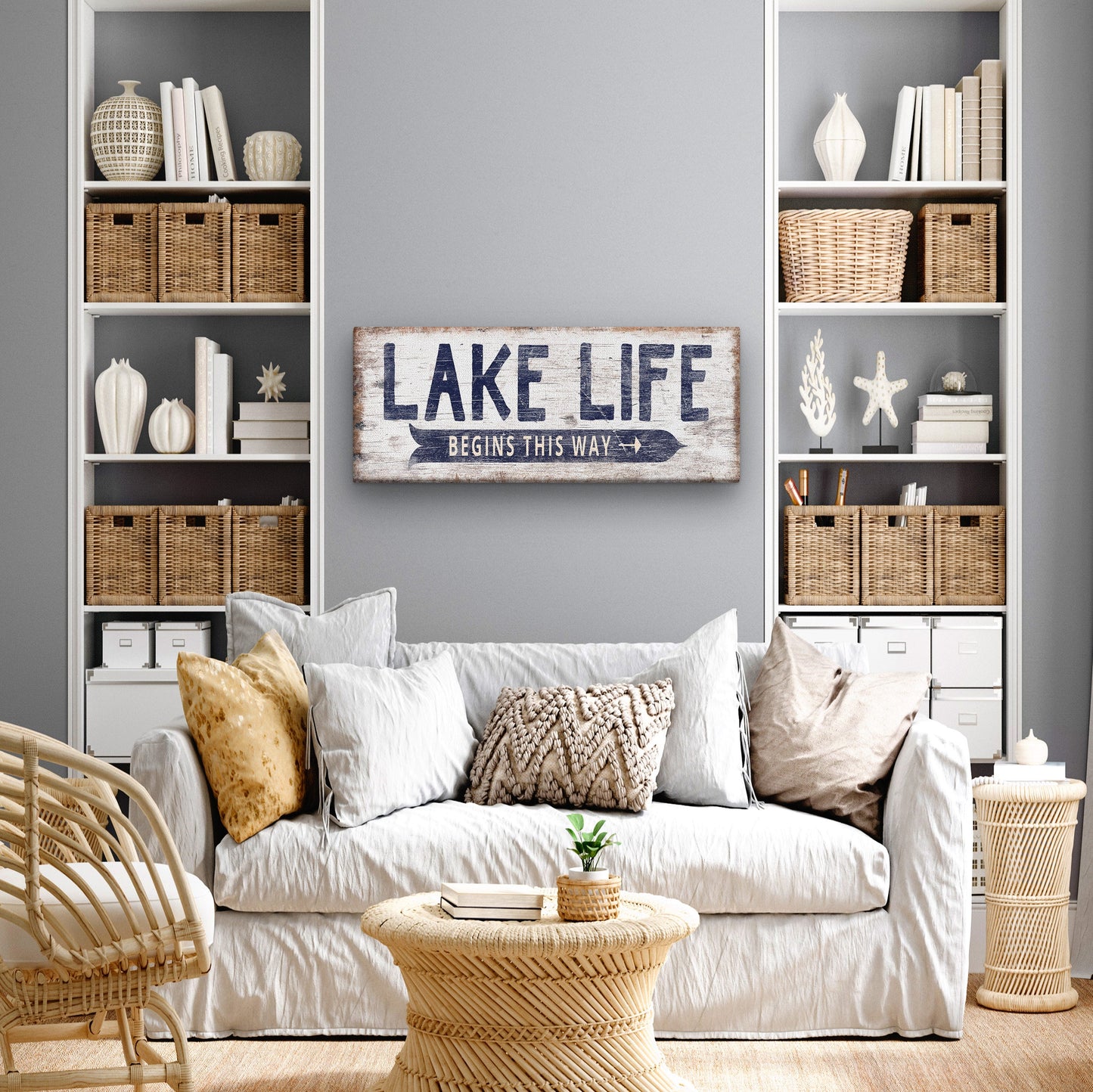 Personalized Lake Life Canvas Sign – Custom Directional Coastal Wall Art