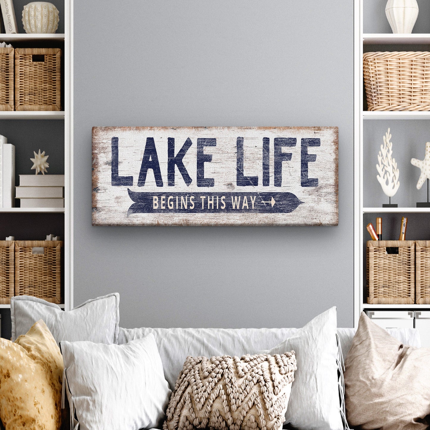 Personalized Lake Life Canvas Sign – Custom Directional Coastal Wall Art