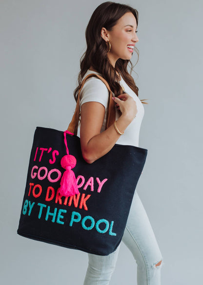 Poolside Bliss Woven Cotton Tote - Navy