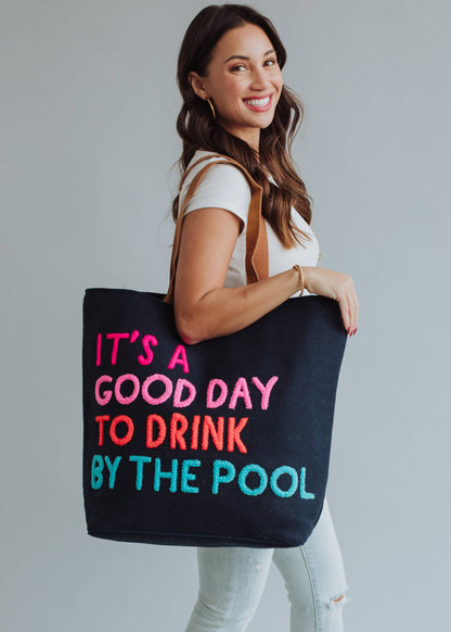 Poolside Bliss Woven Cotton Tote - Navy
