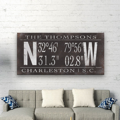 Personalized Family Name Canvas Sign with Latitude Longitude Coordinates