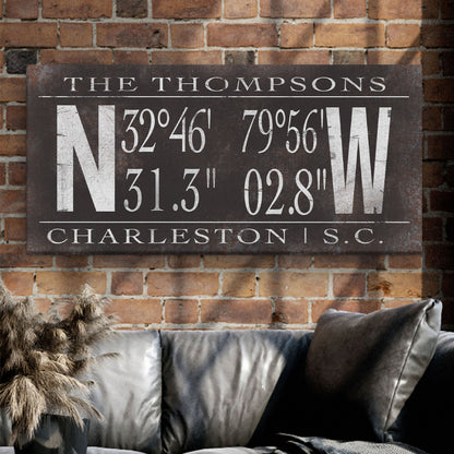 Personalized Family Name Canvas Sign with Latitude Longitude Coordinates
