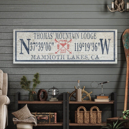 Personalized Ski Lodge Canvas Sign – Family Name & Coordinates Cabin Decor