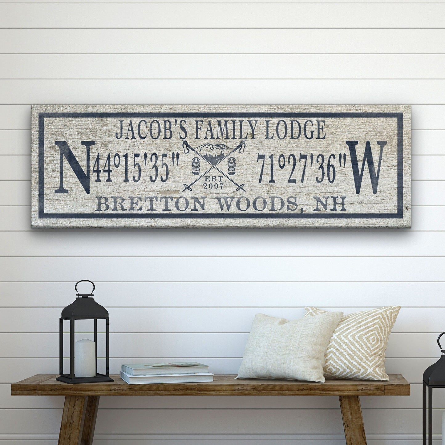 Personalized Ski Lodge Canvas Sign – Family Name & Coordinates Cabin Decor