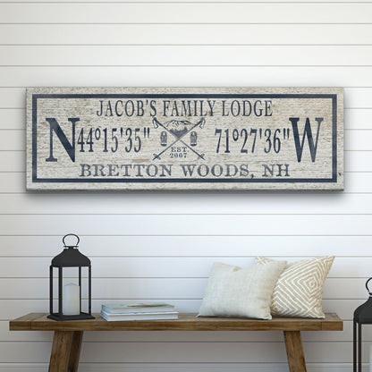 Personalized Ski Lodge Canvas Sign – Family Name & Coordinates Cabin Decor