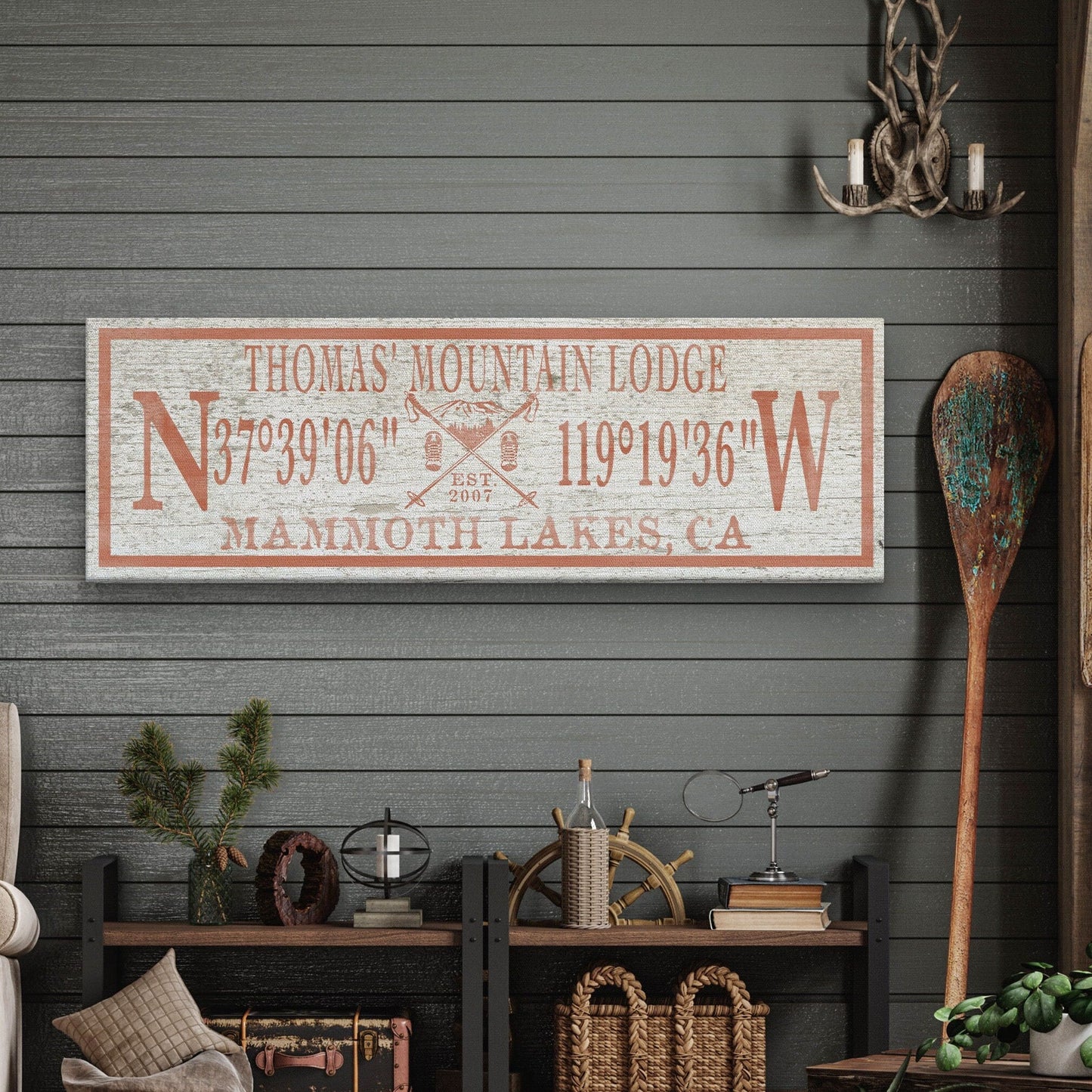 Personalized Ski Lodge Canvas Sign – Family Name & Coordinates Cabin Decor