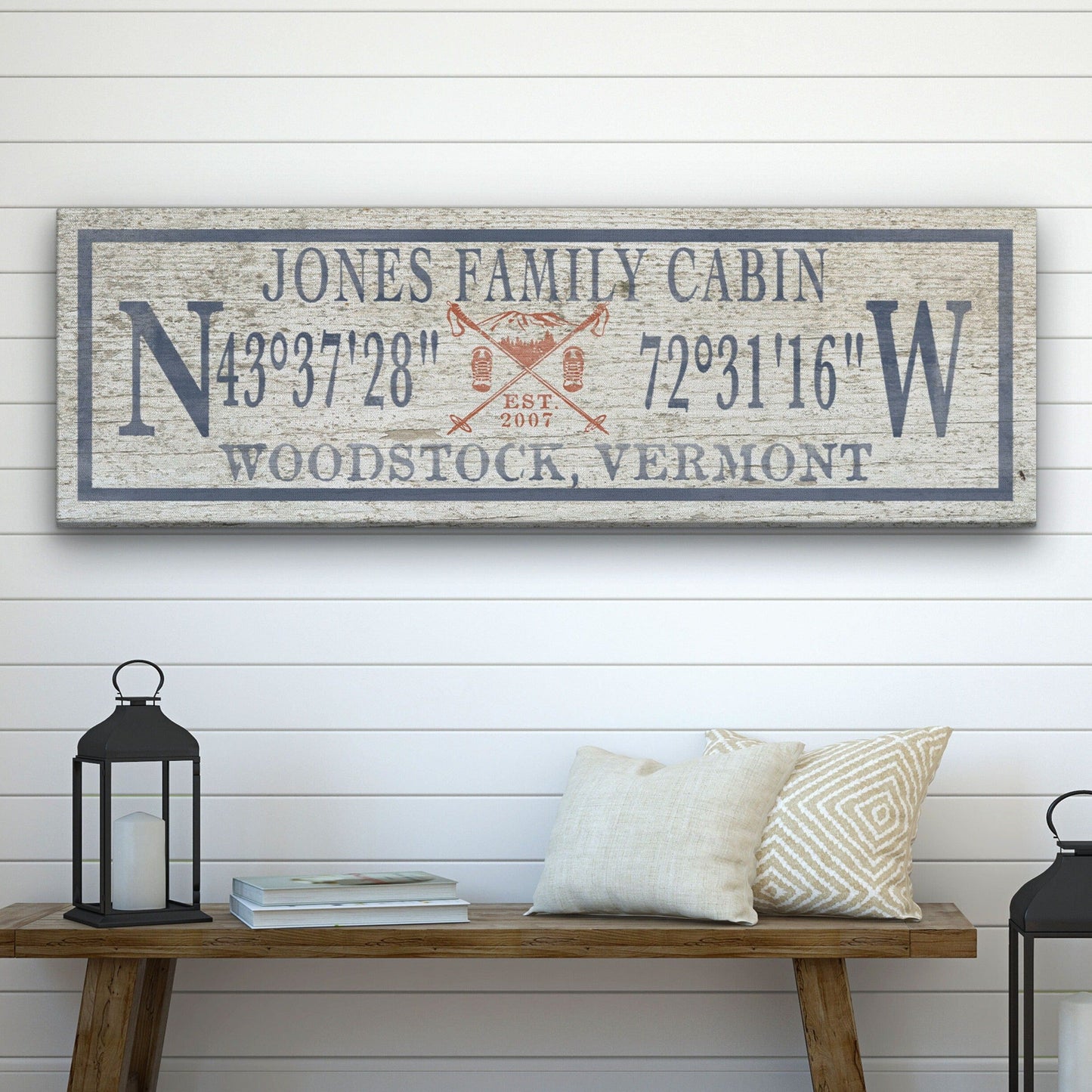 Personalized Ski Lodge Canvas Sign – Family Name & Coordinates Cabin Decor