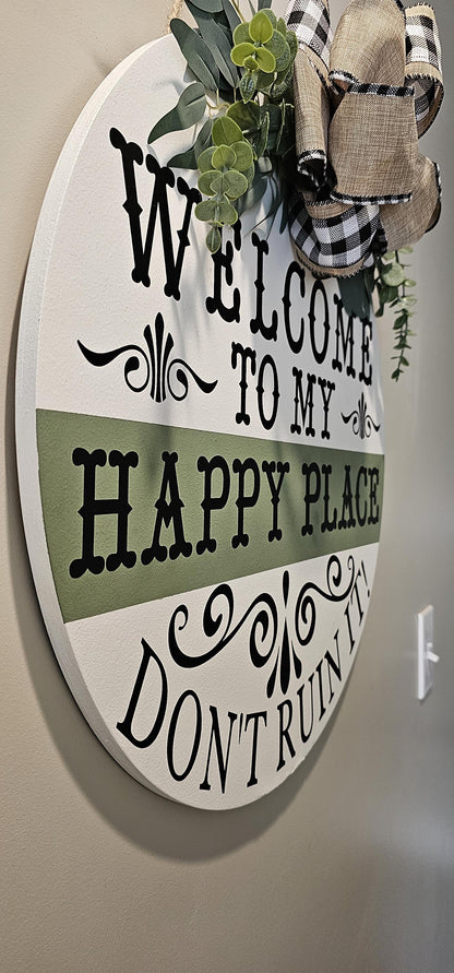 Welcome To My Happy Place Sign – Handmade Farmhouse Front Door Decor, 20"