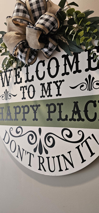 Welcome To My Happy Place Sign – Handmade Farmhouse Front Door Decor, 20"