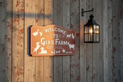 Custom farmhouse sign displayed on a weathered barn wood wall with lantern