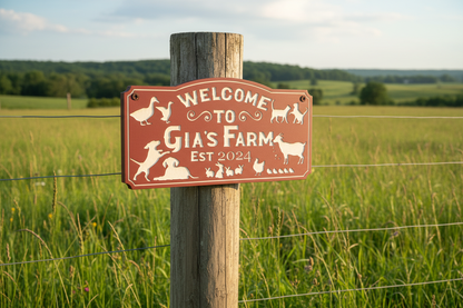 Custom farmhouse sign mounted on a fence post with green pasture background