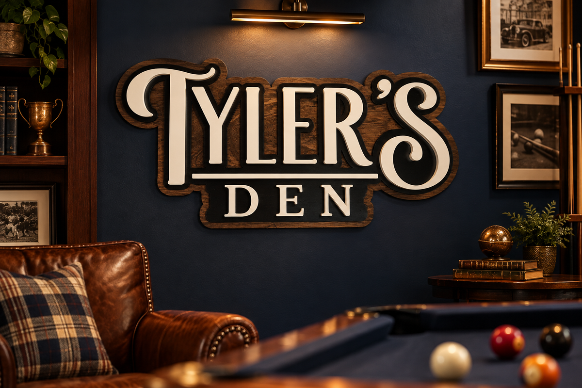 Layered wood sign styled in a refined game room
