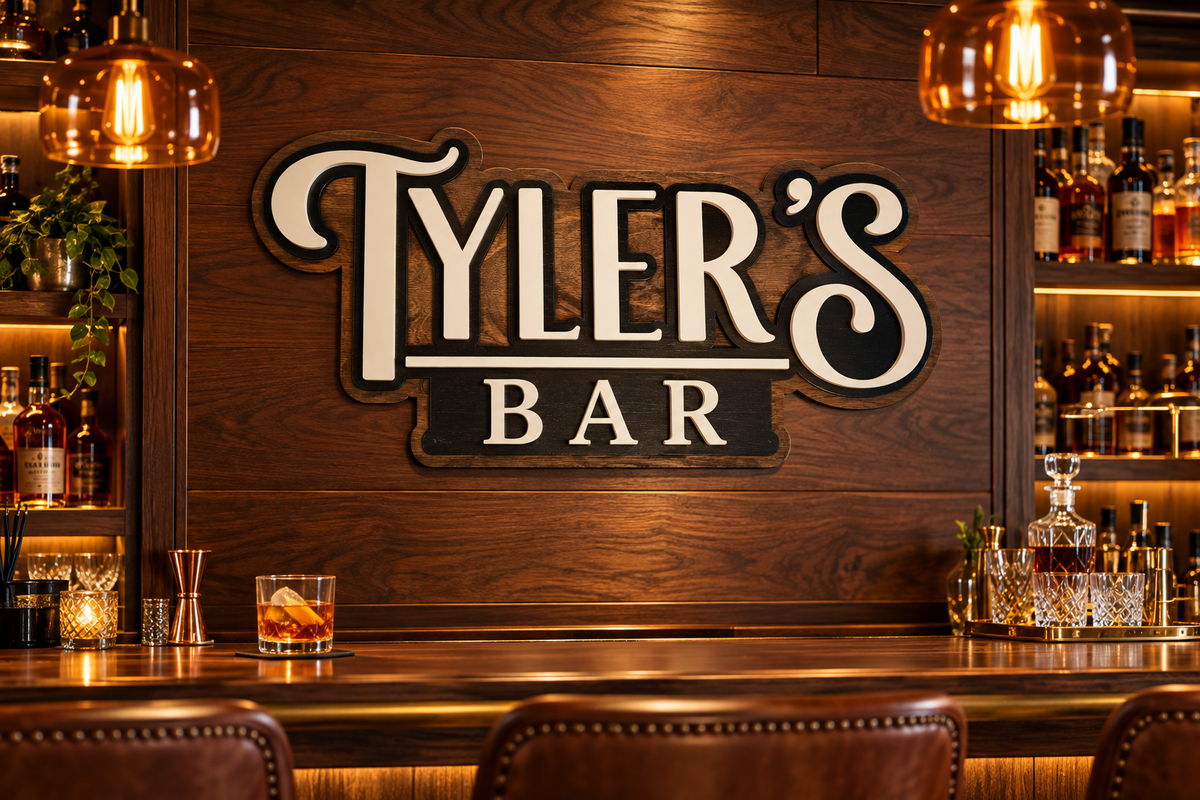 Layered wood sign styled in a warm bourbon bar