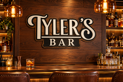 Layered wood sign styled in a warm bourbon bar