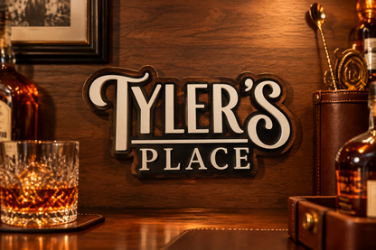 Smaller layered wood sign styled in a bourbon bar