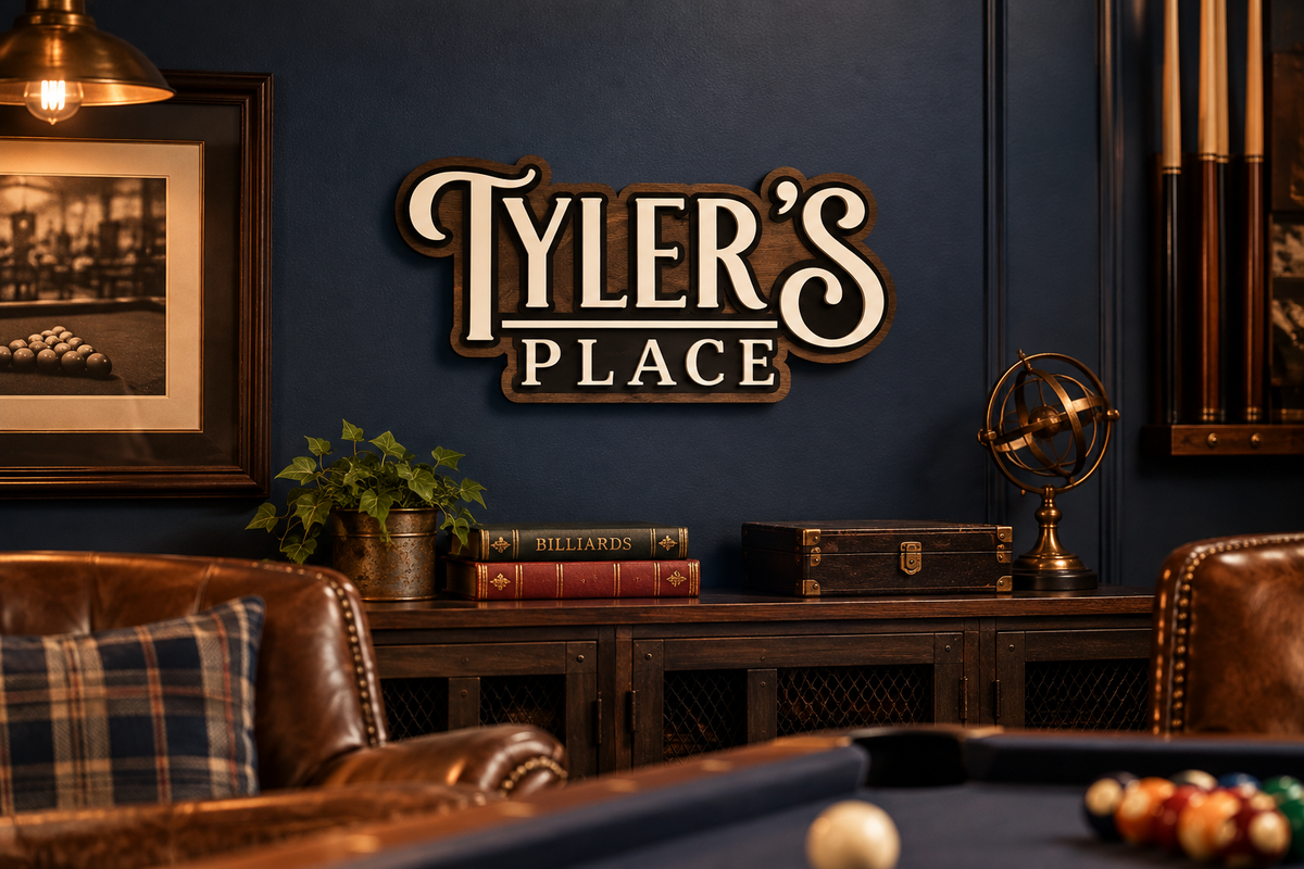 Smaller layered wood sign styled in a game room
