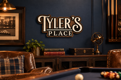 Smaller layered wood sign styled in a game room
