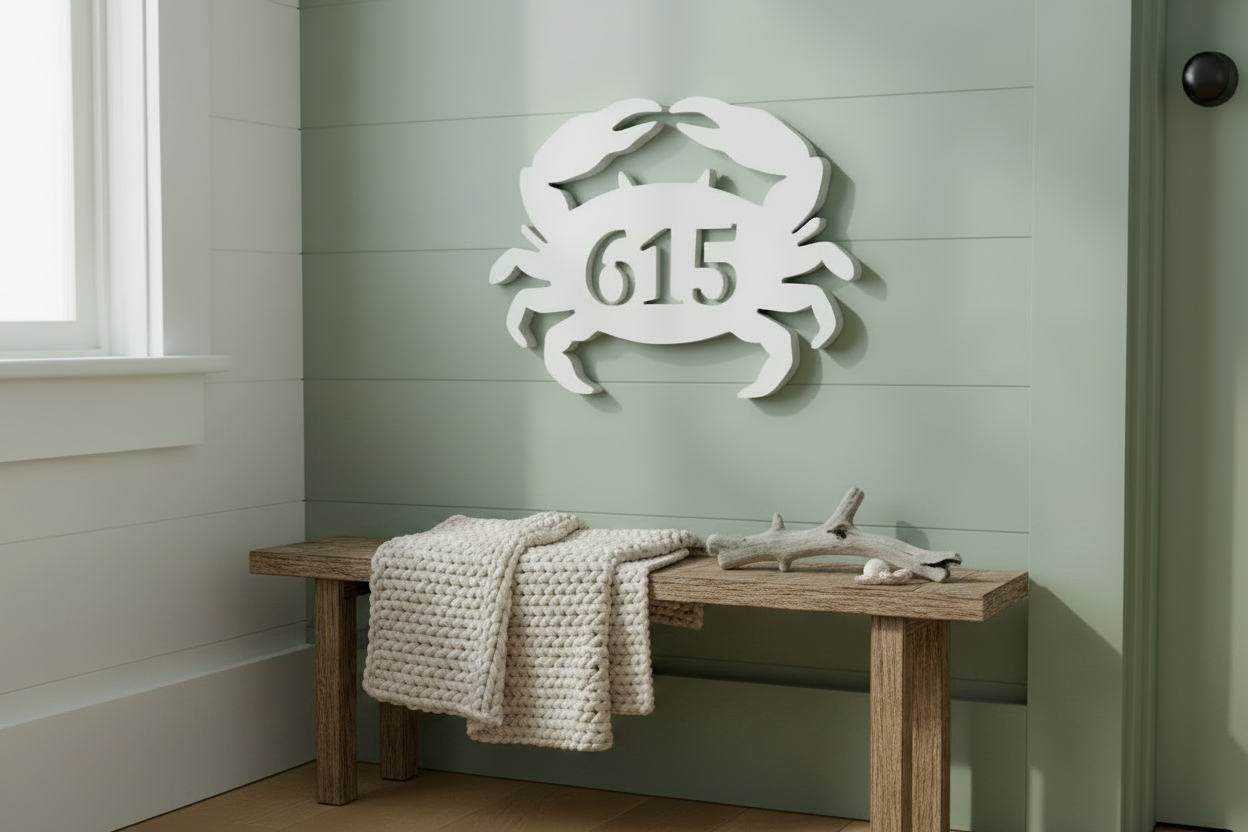 White Crab on Sage Green Wall with Bench and Throw