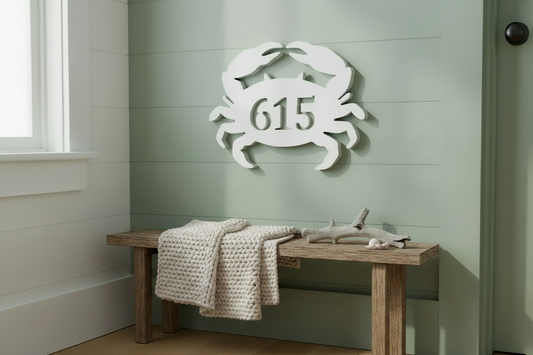 White Crab on Sage Green Wall with Bench and Throw